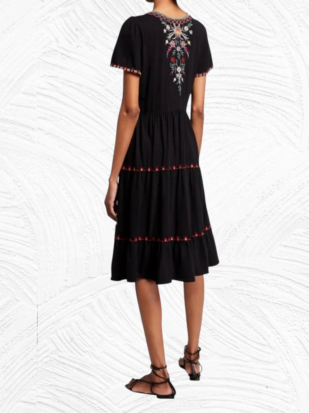 Johnny Was Black Embroidered Short Sleeve Tiered Dress with Pink & Blue Accents - Picture 8 of 10